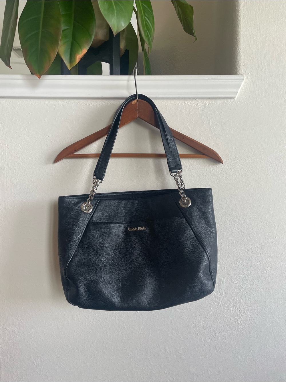 Calvin Klein Black Leather Tote Bag with Chain-Accent Straps - Medium
